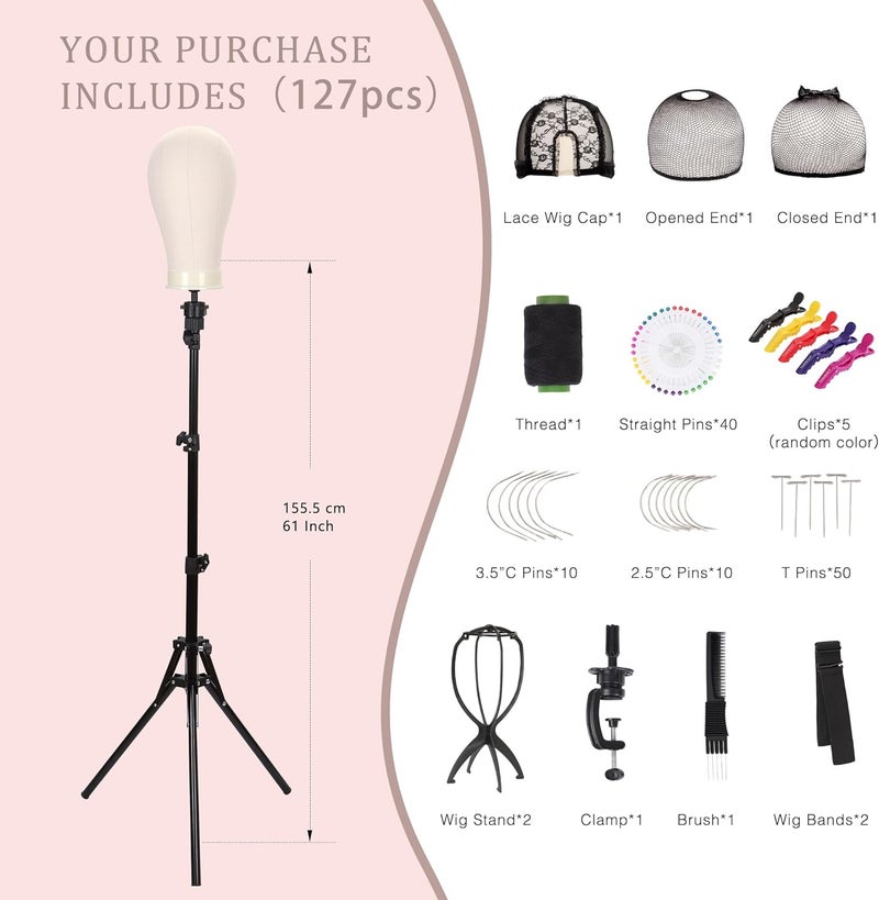 Demides 22'' Canvas Wig Head with 61'' Adjustable Tripod Stand, Mannequin Head Set for Styling, Display – Includes Caps, Elastic Bands, Stand & Tool Kit for Beginners and Professionals - Image 2